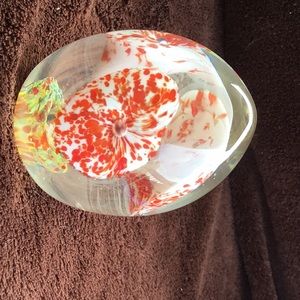 Paperweight glass egg white orange flower lily vintage